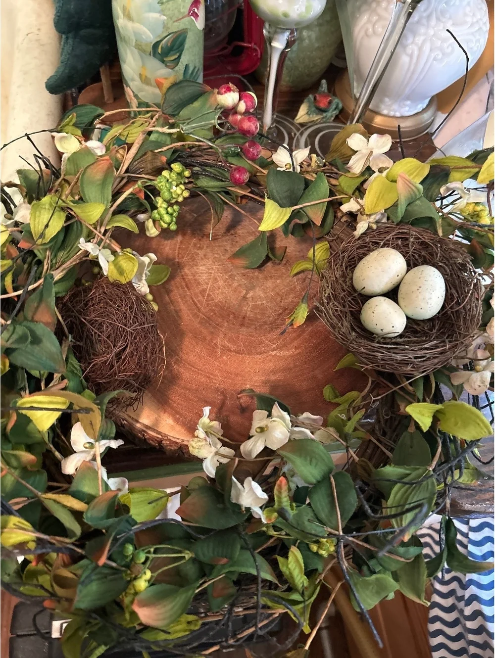 Decorative Spring Wreath with Faux Bird Nests and Eggs